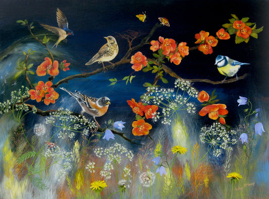 Lesley McLaren | Birds on a Flowering Quince Branch