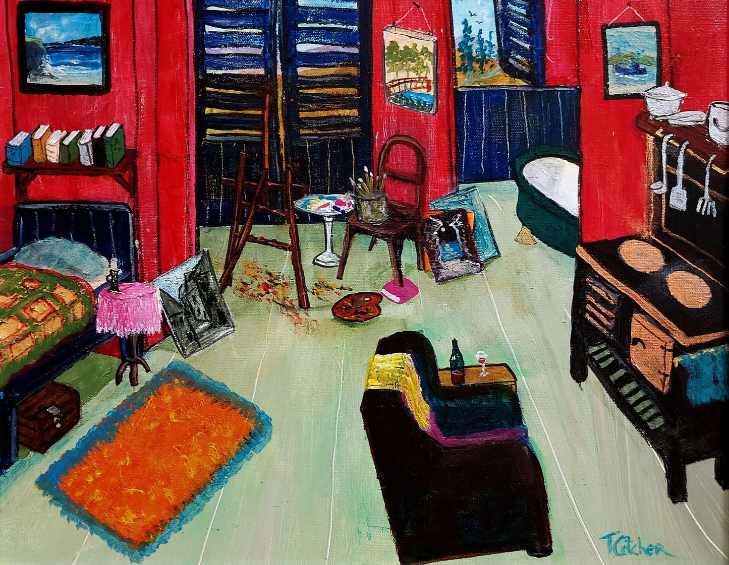Colorful painting of a room with furniture and decor